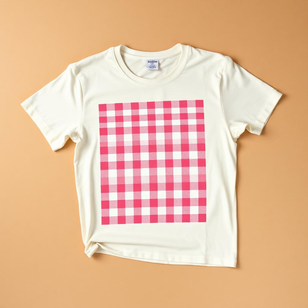 Cream t-shirt with a pink gingham checkerboard print