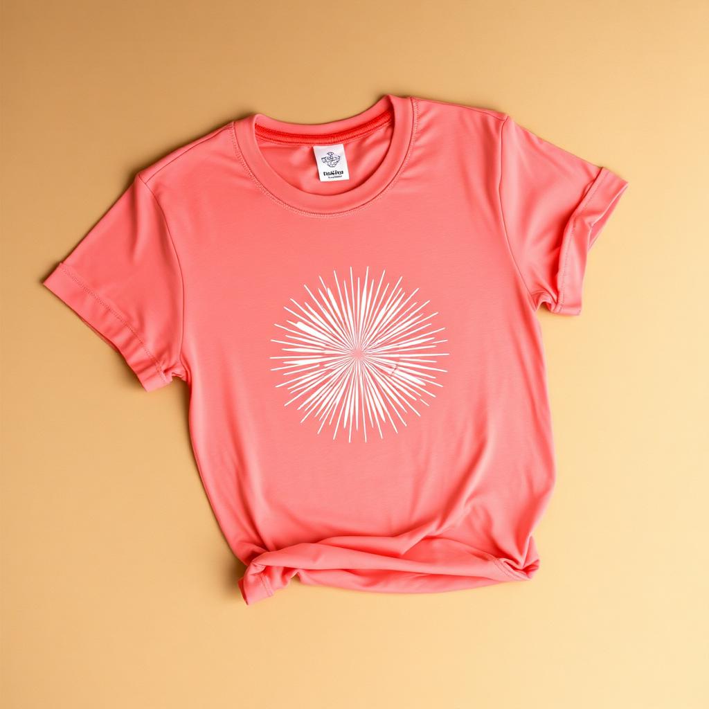 Coral t-shirt with a white sparkle starburst screen print